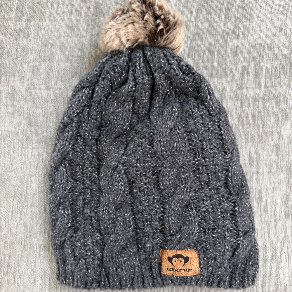 Gray Cable Knit Beanie with Faux Fur Pom